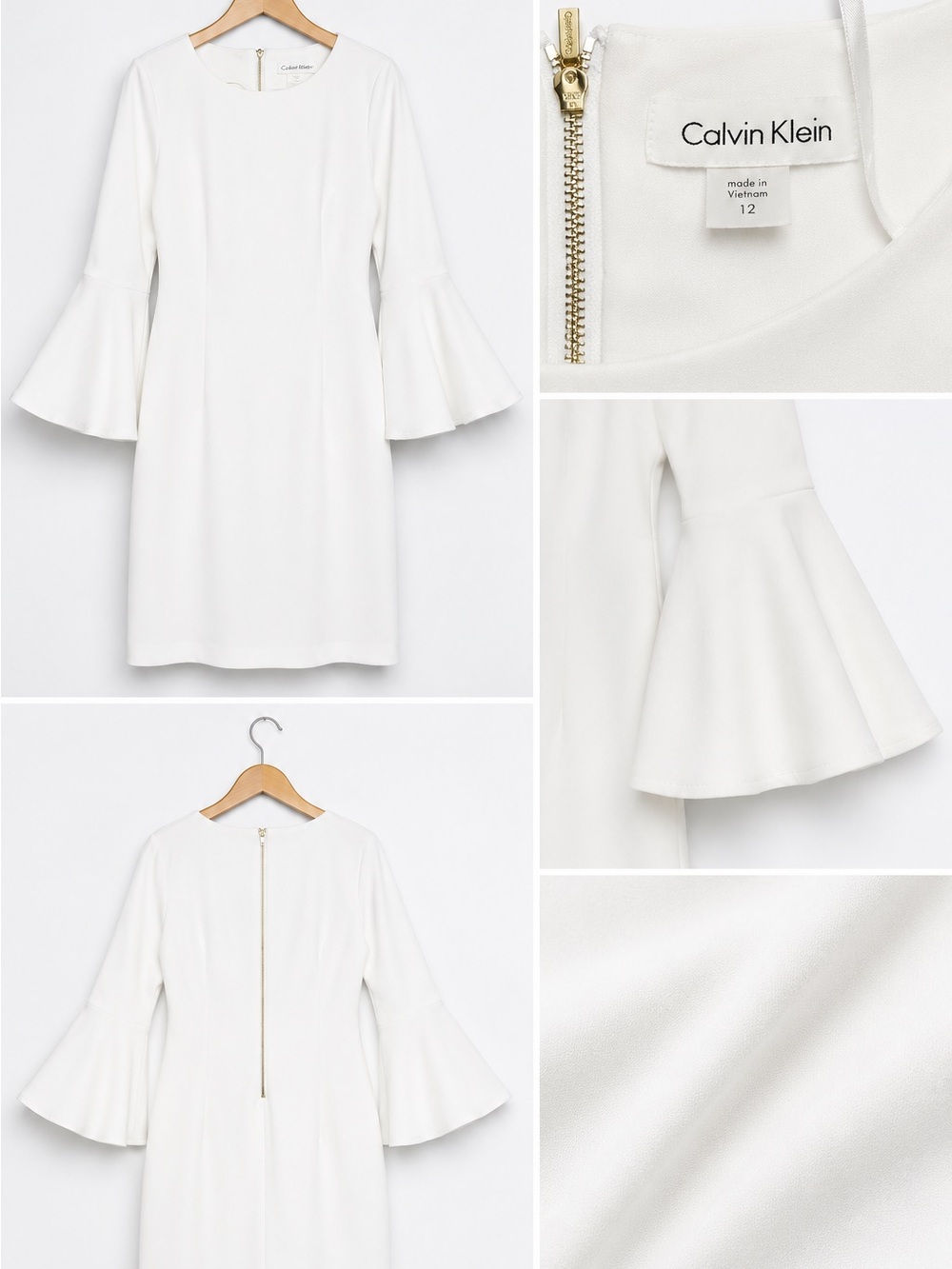 Calvin Klein White Bell-Sleeve Shift Dress with Back Zip